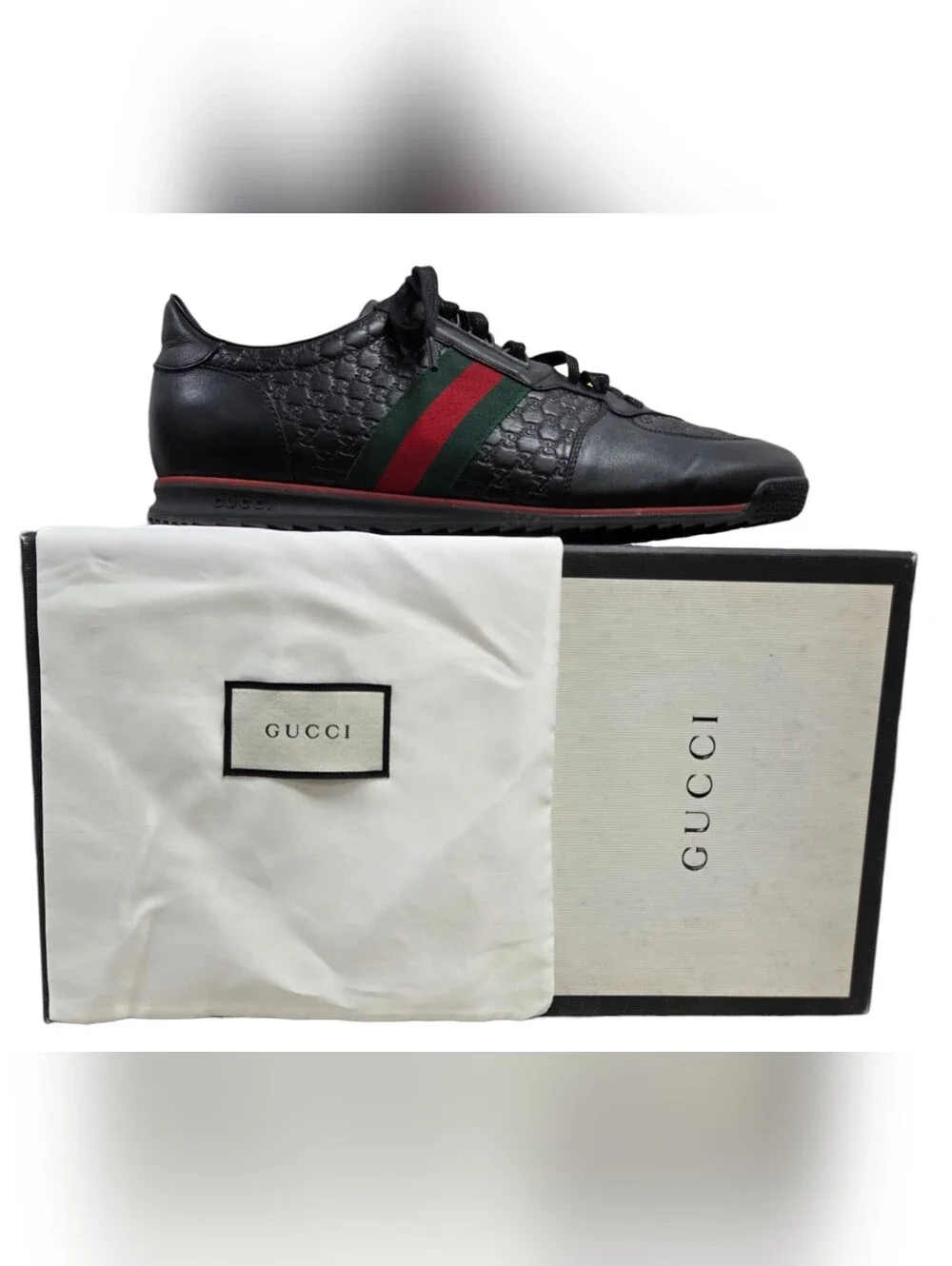 Gucci Men’s Black Leather Runner w/ Red & Green Web Stripe